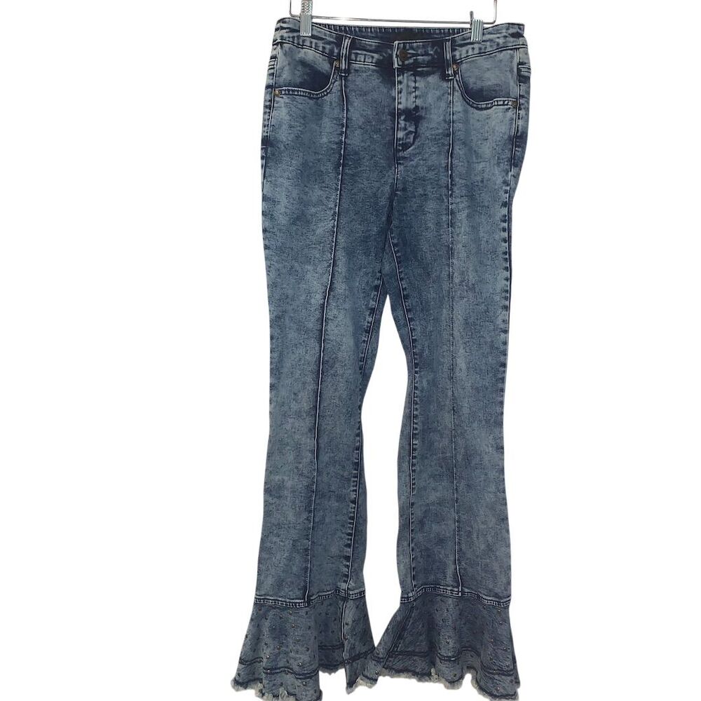 Flare Jeans M Blue Studded High-Rise Acid Wash Twee Fairy Grunge Y2K